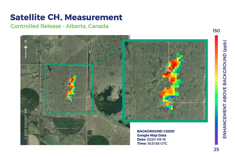 Image satellite représentant la mesure de méthane en Alberta, au Canada